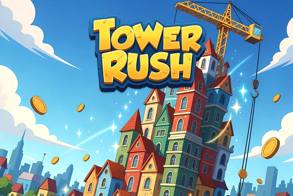 Tower Rush skyline artwork as seen on a mobile browser during app play